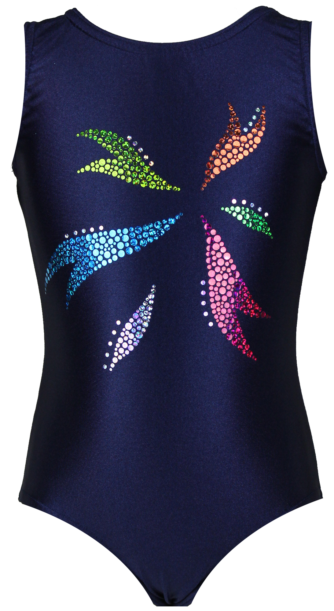 Dunkelblau Lycra ärmellos Turnanzug Flora-Bunt aus Glitzerplättchen Dunkelblau Lycra ärmellos Turnanzug Flora-Bunt aus Glitzerplättchen
