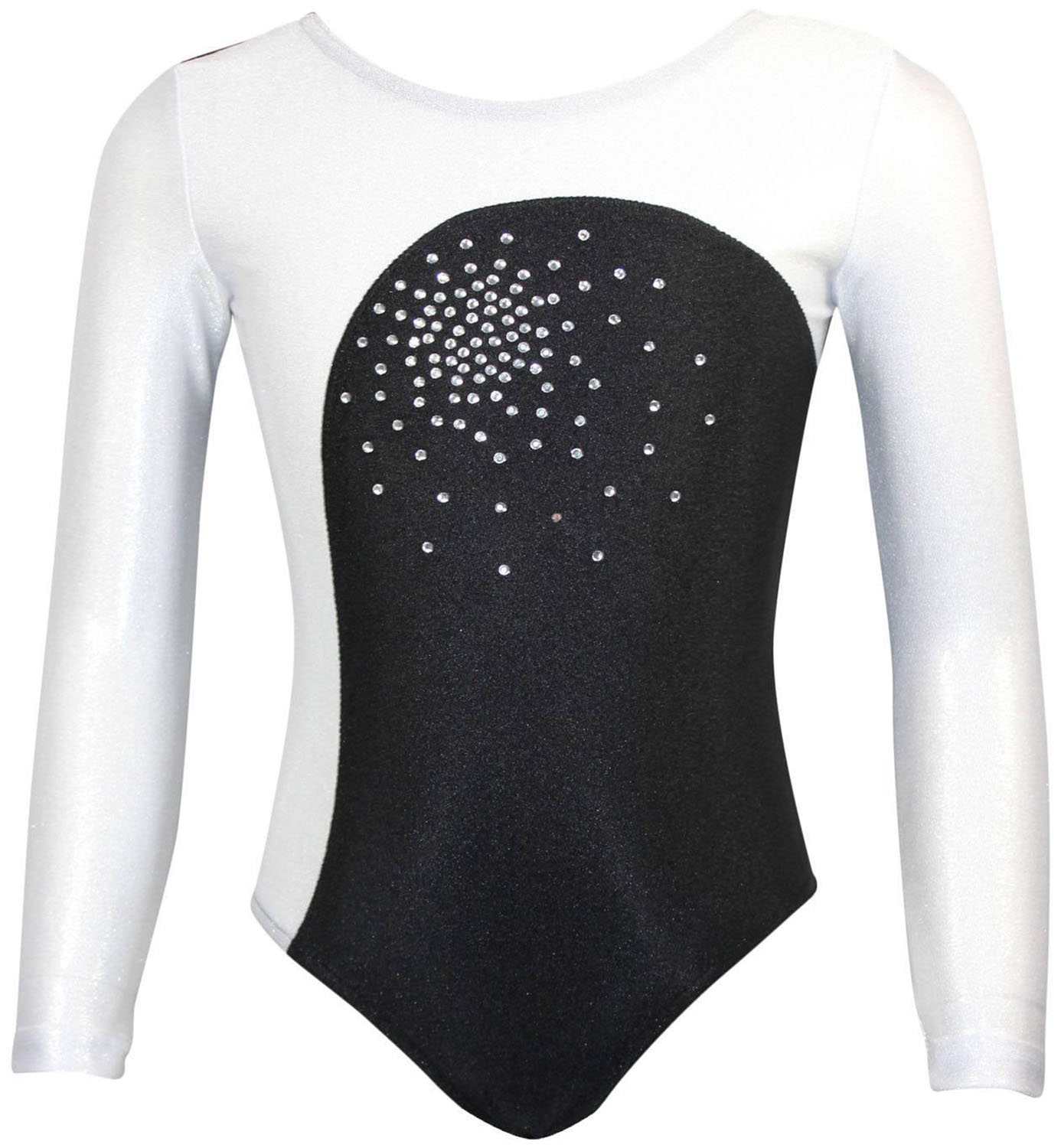Schwarz mit Weiß Lycra langarm Turnanzug Mia mit Glitzer-Pailletten Schwarz mit Weiß Lycra langarm Turnanzug Mia mit Glitzer-Pailletten