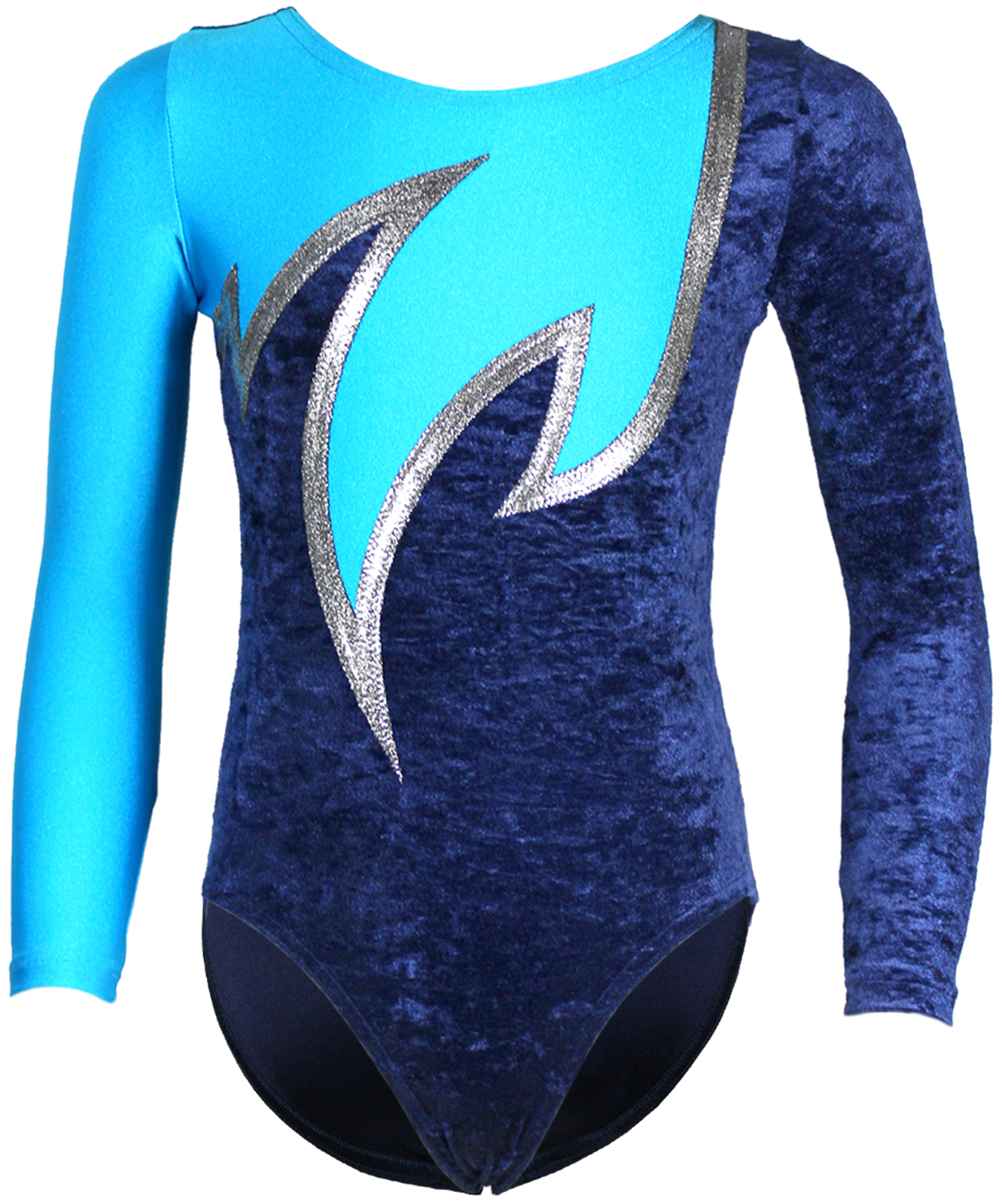Dunkelblau-Türkis-Silber Crash-Samt langarm Gymnastikanzug Java Spezial