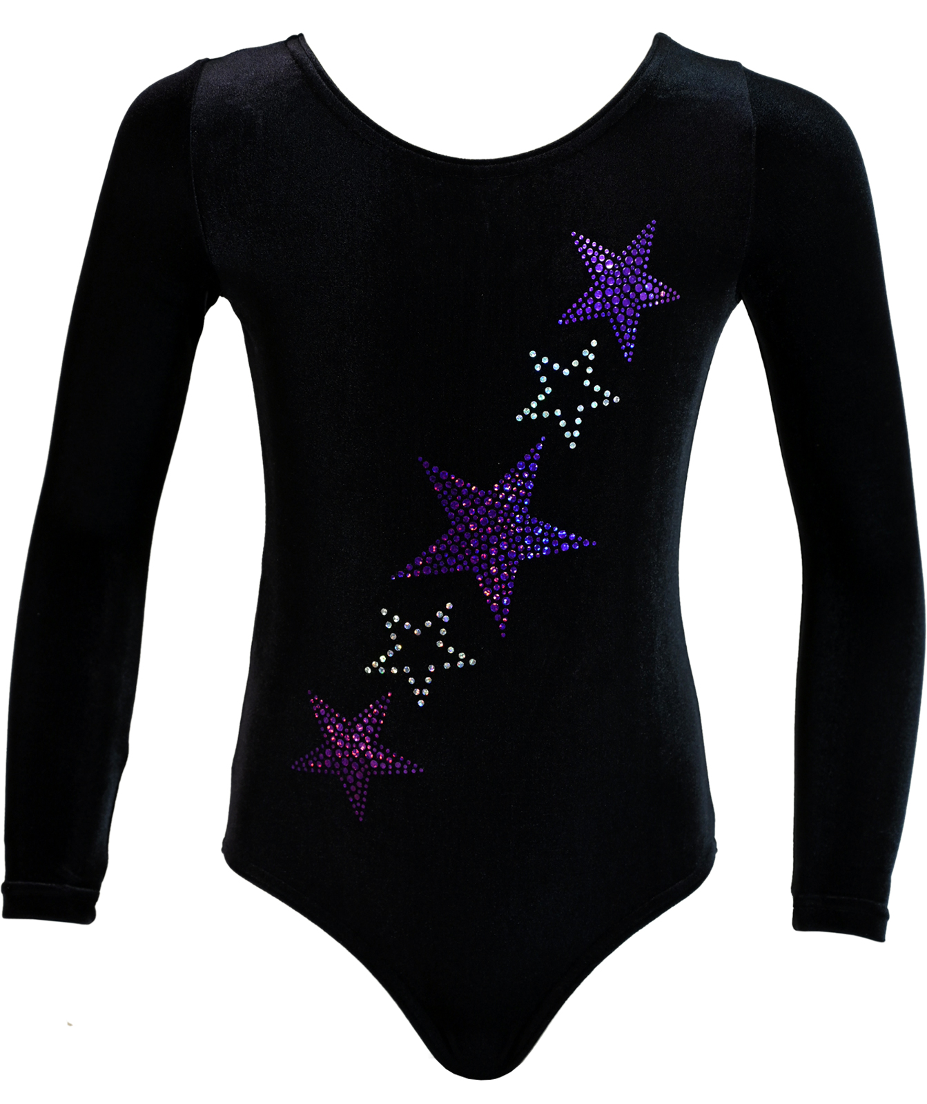Schwarz Samt langarm Turnanzug Sterne-Lila aus Glitzerplättchen Schwarz Samt langarm Turnanzug Sterne-Lila aus Glitzerplättchen