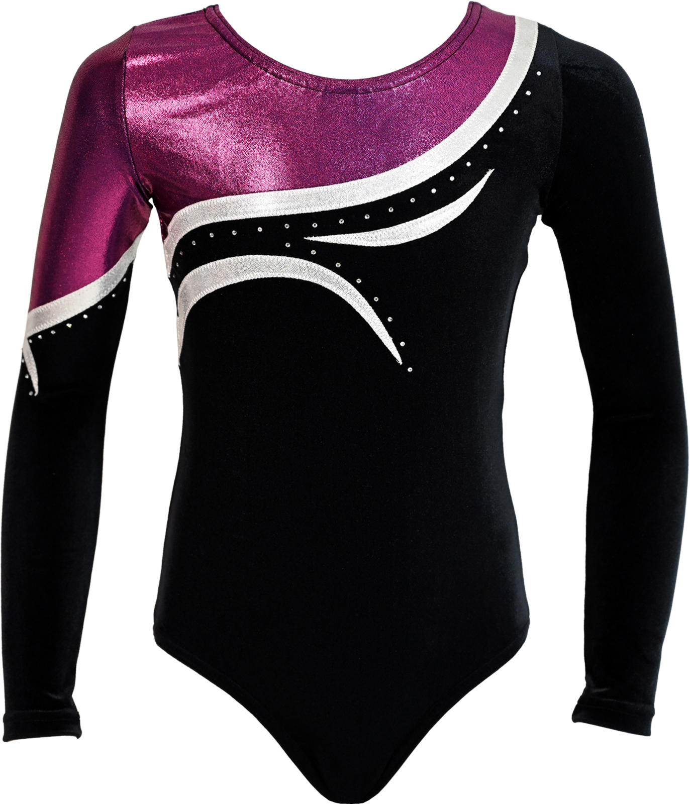 Schwarz-Zyklame-Weiß Samt langarm Turnanzug Albina mit Strasssteine