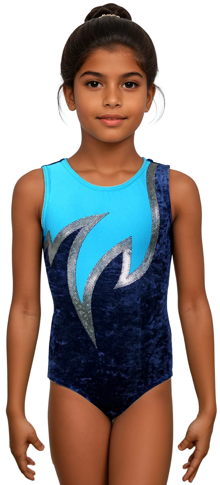 Dunkelblau-Türkis-Silber Crash-Samt ärmellos Gymnastikanzug Java Spezial