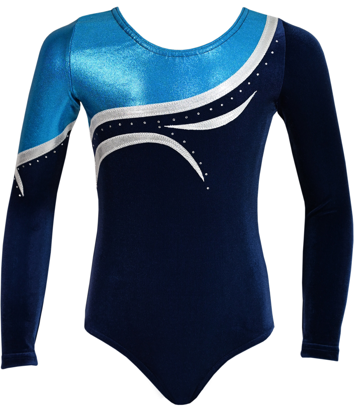 Dunkelblau-Türkis-Weiß Samt langarm Turnanzug Albina mit Strasssteine