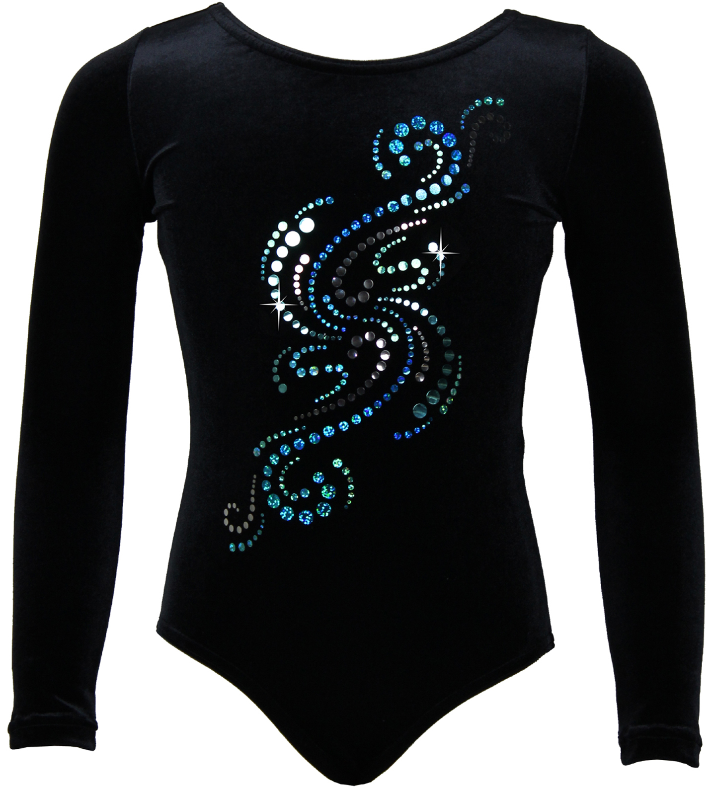 Schwarz Samt langarm Turnanzug Wasserfall aus Glitzerplättchen