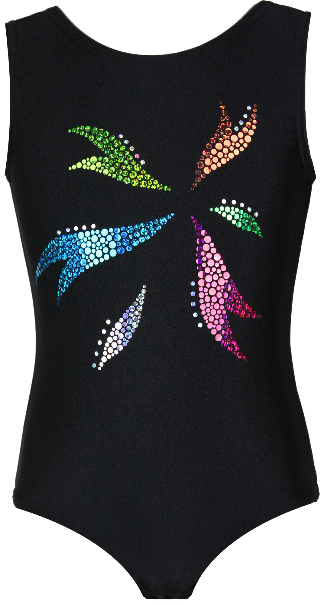 Schwarz Lycra Turnanzug Flora-Bunt aus Glitzerplättchen Schwarz Lycra Turnanzug Flora-Bunt aus Glitzerplättchen