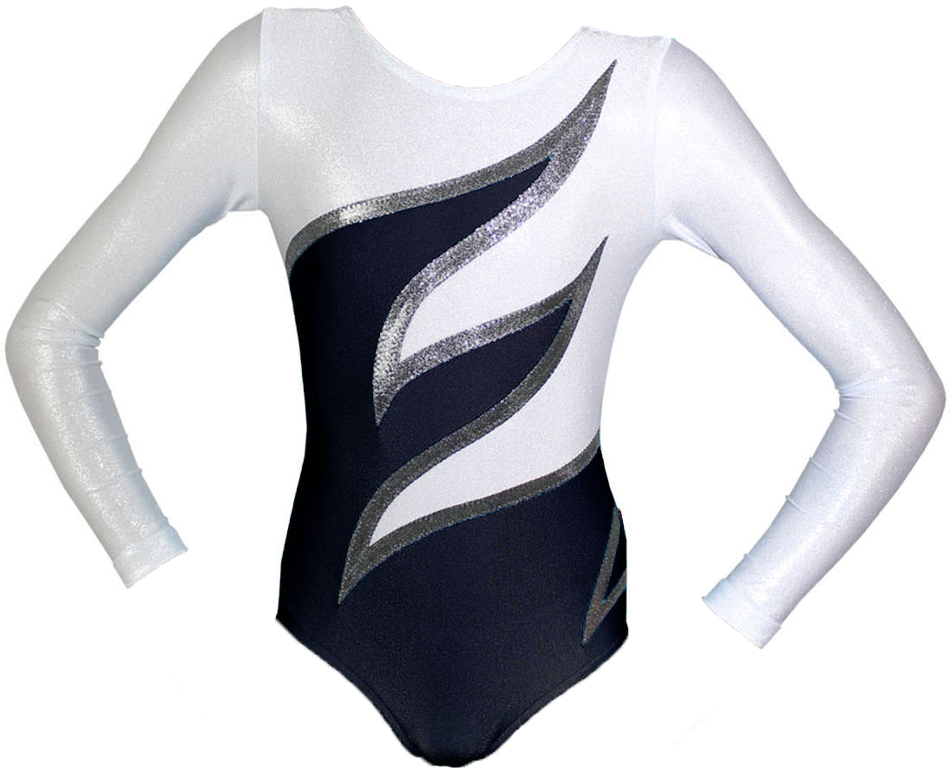 Schwarz-Weiß-Silber Lycra langarm Turnanzug Plamak Spezial Schwarz-Weiß-Silber Lycra langarm Turnanzug Plamak Spezial